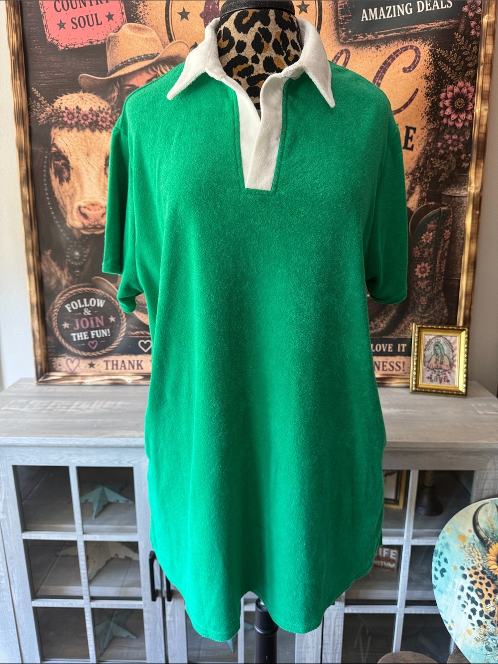 FANTASTIC FAWN Green Terry Cloth Polo Mini Dress Size Large